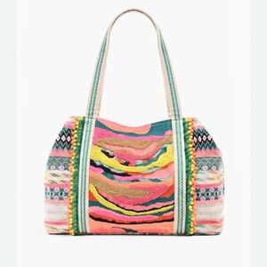 🇺🇸NWT America and Beyond Daphne Embellished MULTI-COLORED Beaded & PomPom Tote